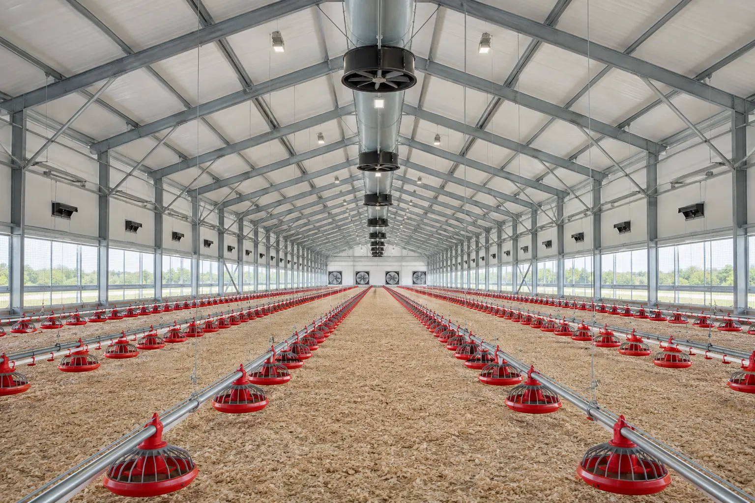 Illustrative modern poultry shed with automated feeding lines and ventilation